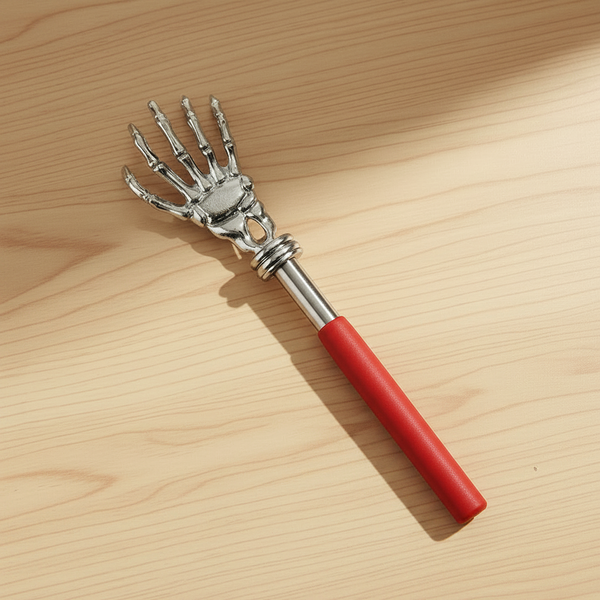 Gratte-dos télescopique à manche rouge posé à plat sur une table en chêne clair
