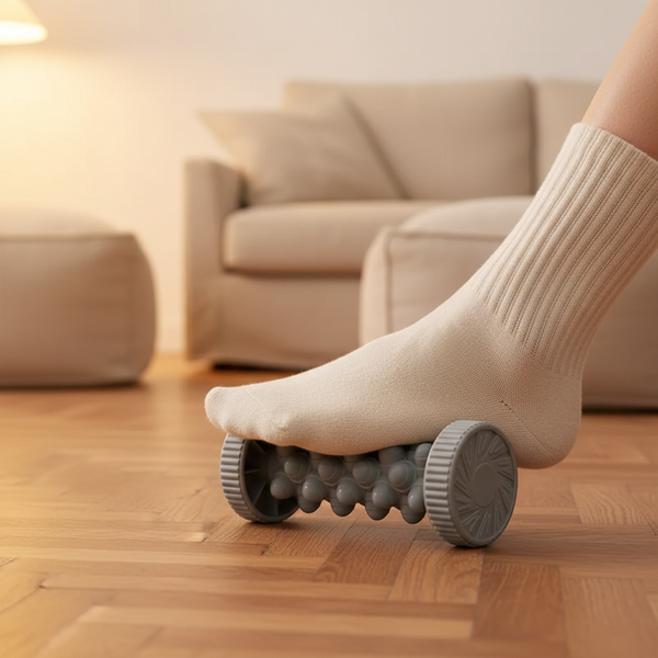 Pied en chaussette de coton crème posé sur le rouleau de massage plantaire, parquet du salon éclairé par une lampe le soir