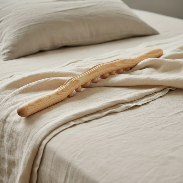 Bâton de massage en hêtre posé sur un plaid en lin, sur un lit, entre deux séances