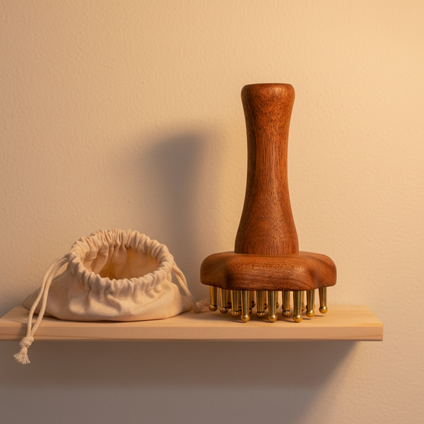 Outil de gua sha en métal posé sur une étagère en pin clair, à côté de sa pochette en coton écru