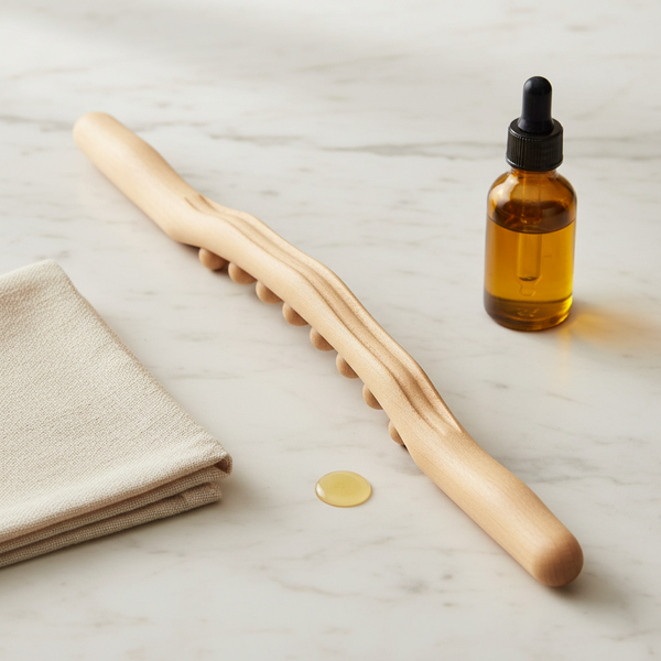 Entretien du bâton de massage en hêtre : flacon d'huile de table, chiffon de coton et une goutte d'huile sur le marbre