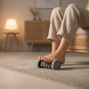 Pied nu qui fait rouler le rouleau de massage plantaire sur un tapis de laine, assise dans un fauteuil en rotin