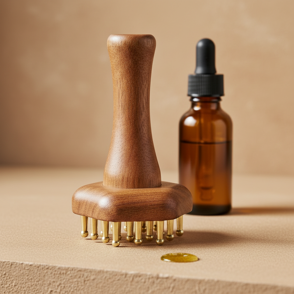 Outil de gua sha en métal posé sur un plan enduit couleur avoine, à côté d’un flacon compte-gouttes d’huile de massage, lumière chaude